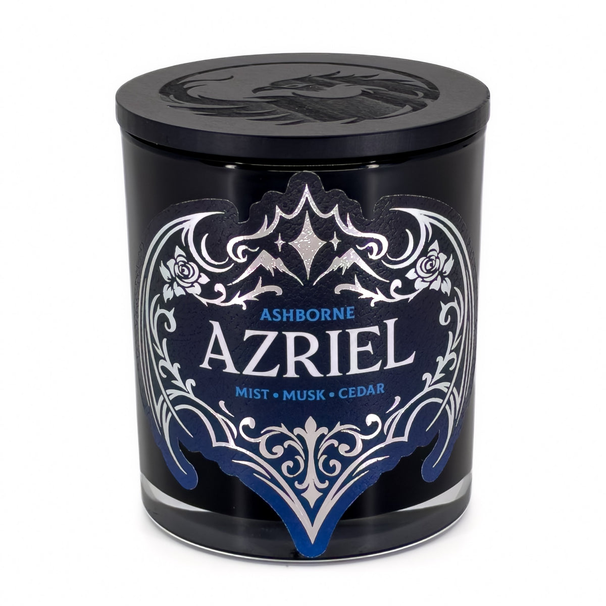 Azriel ACOTAR inspired candle in a black glass jar with a silver foil label
