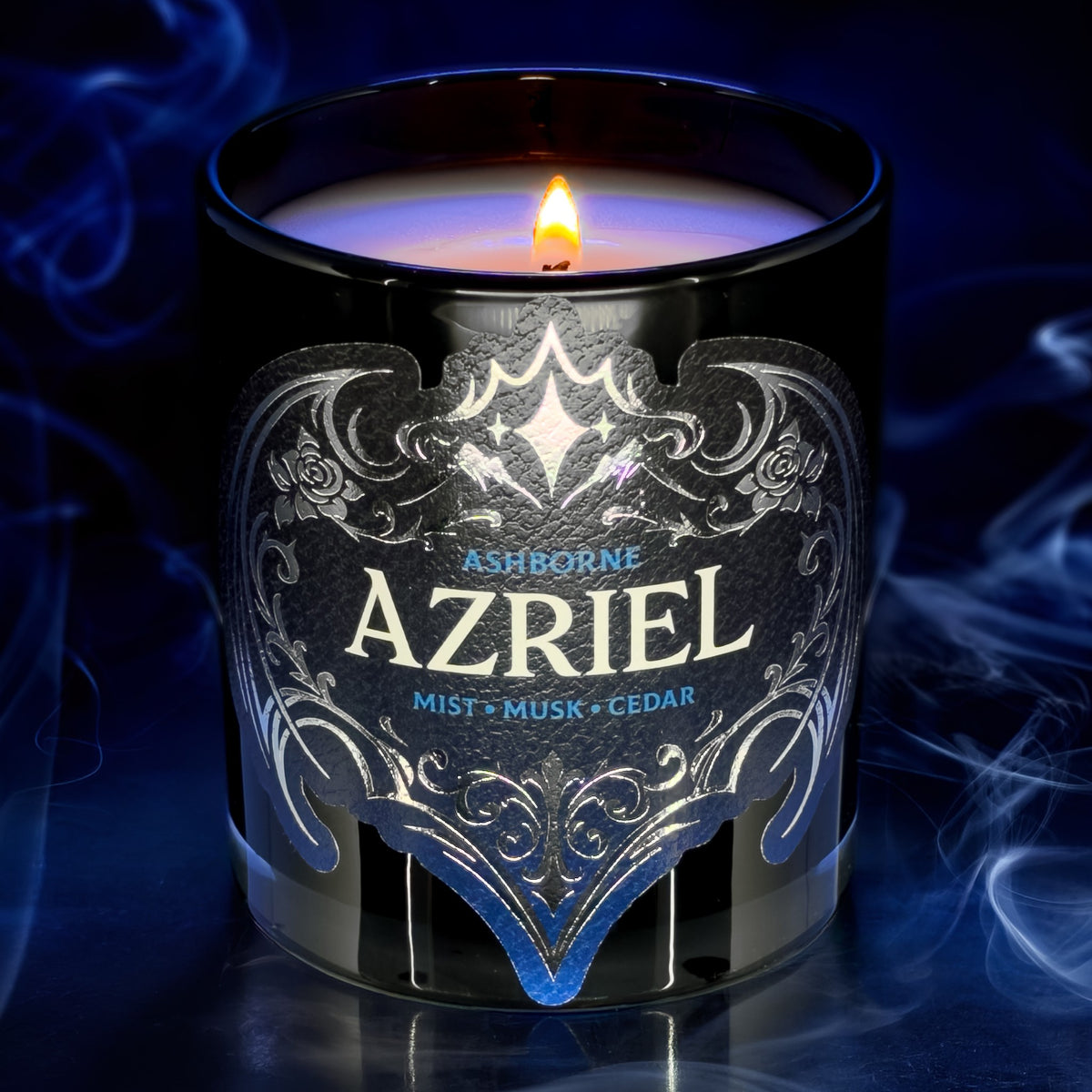Azriel candle lit in blue smoke