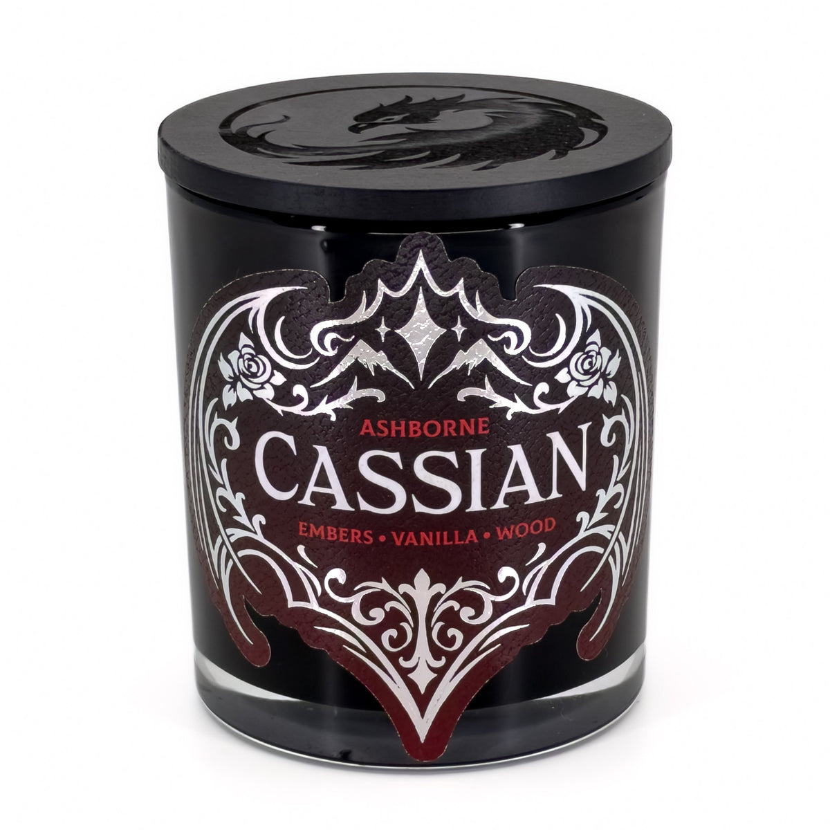 Cassian ACOTAR inspired candle in a black glass jar with a silver foil label