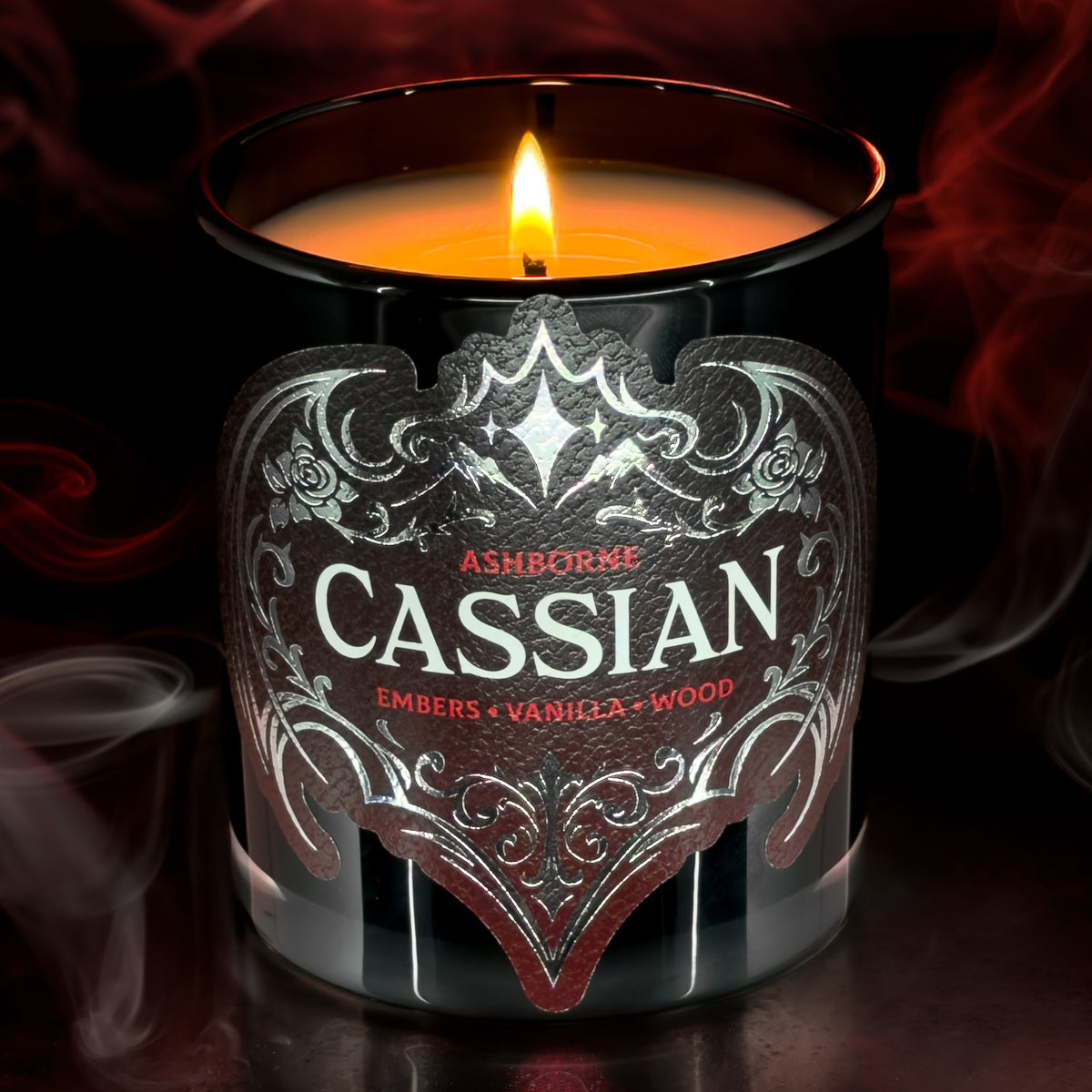 Cassian candle lit in red smoke