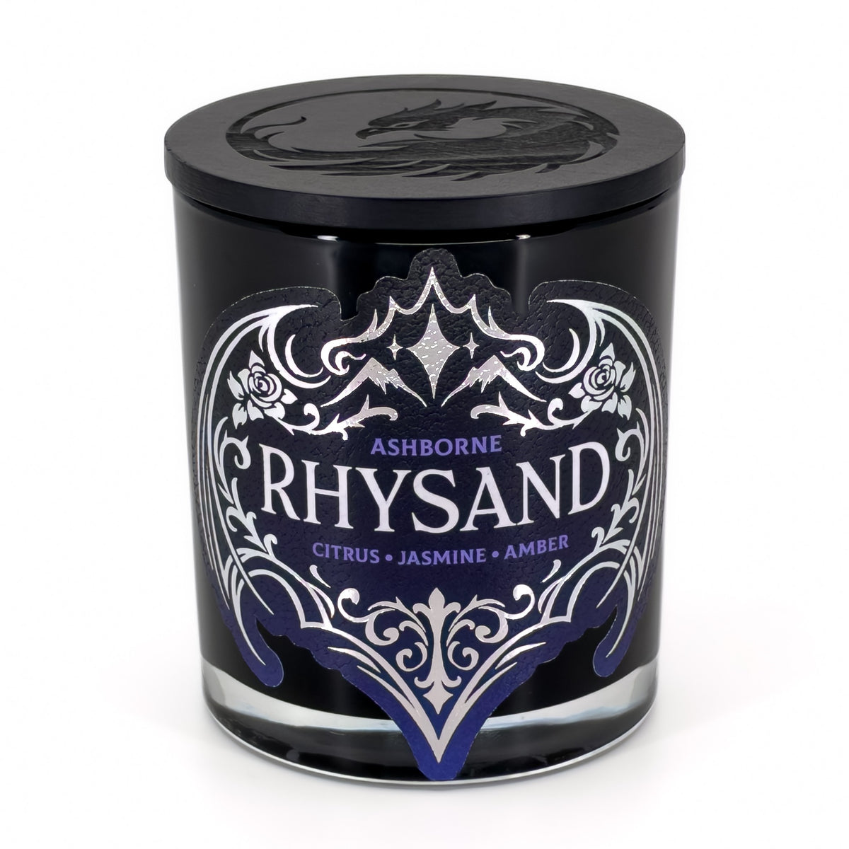 Rhysand ACOTAR inspired candle in a black glass jar with a silver foil label
