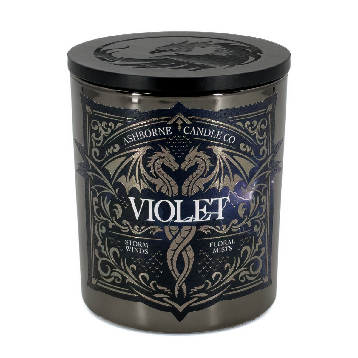 Violet Fourth Wing inspired candle in a gunmetal glass jar with a silver foil dragon label