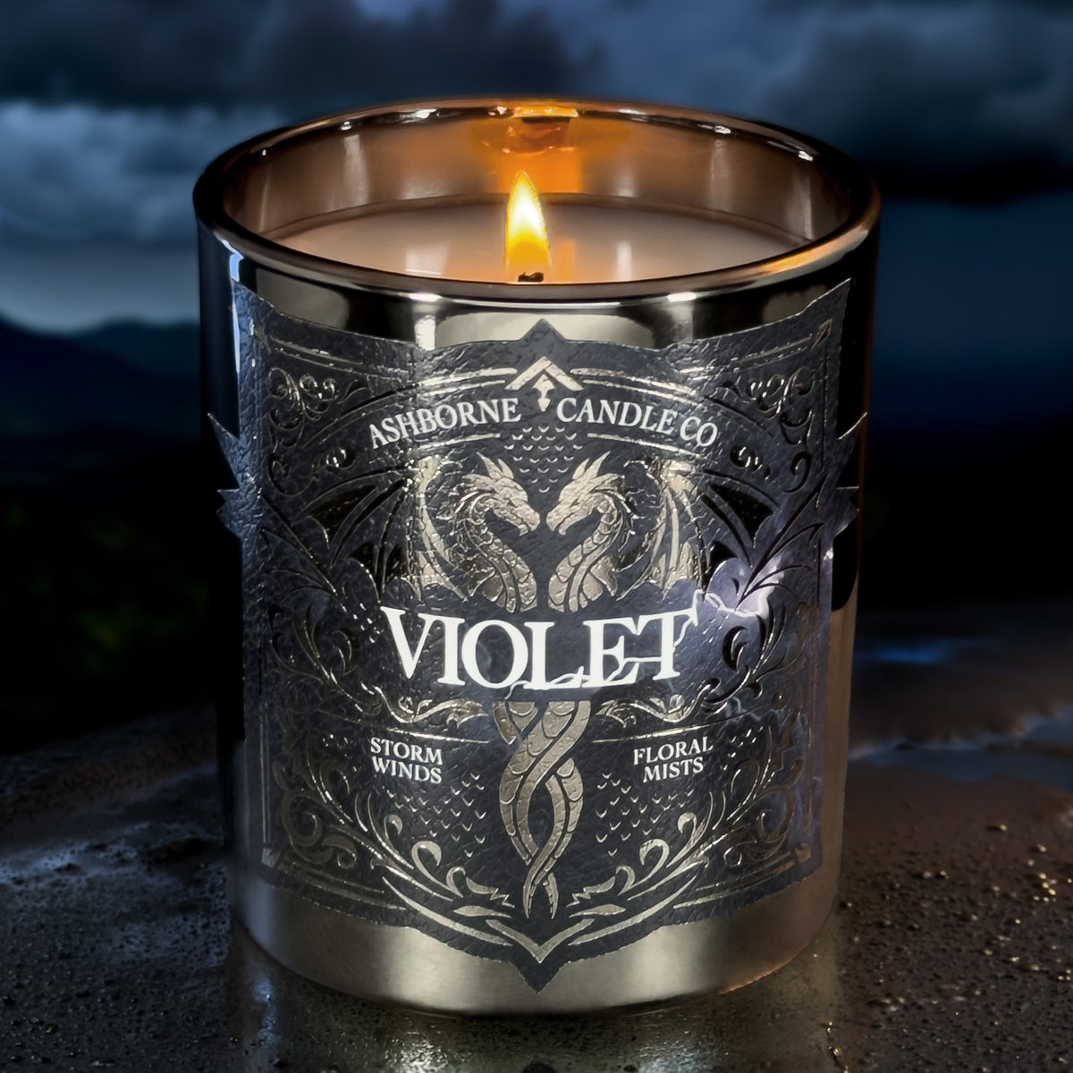 Violet candle under a stormy sky with lightning